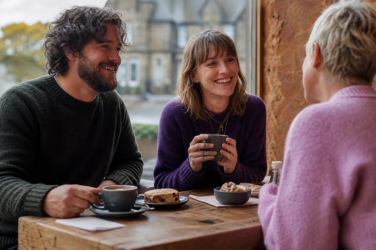 Two people talking over coffee in a Grampian town