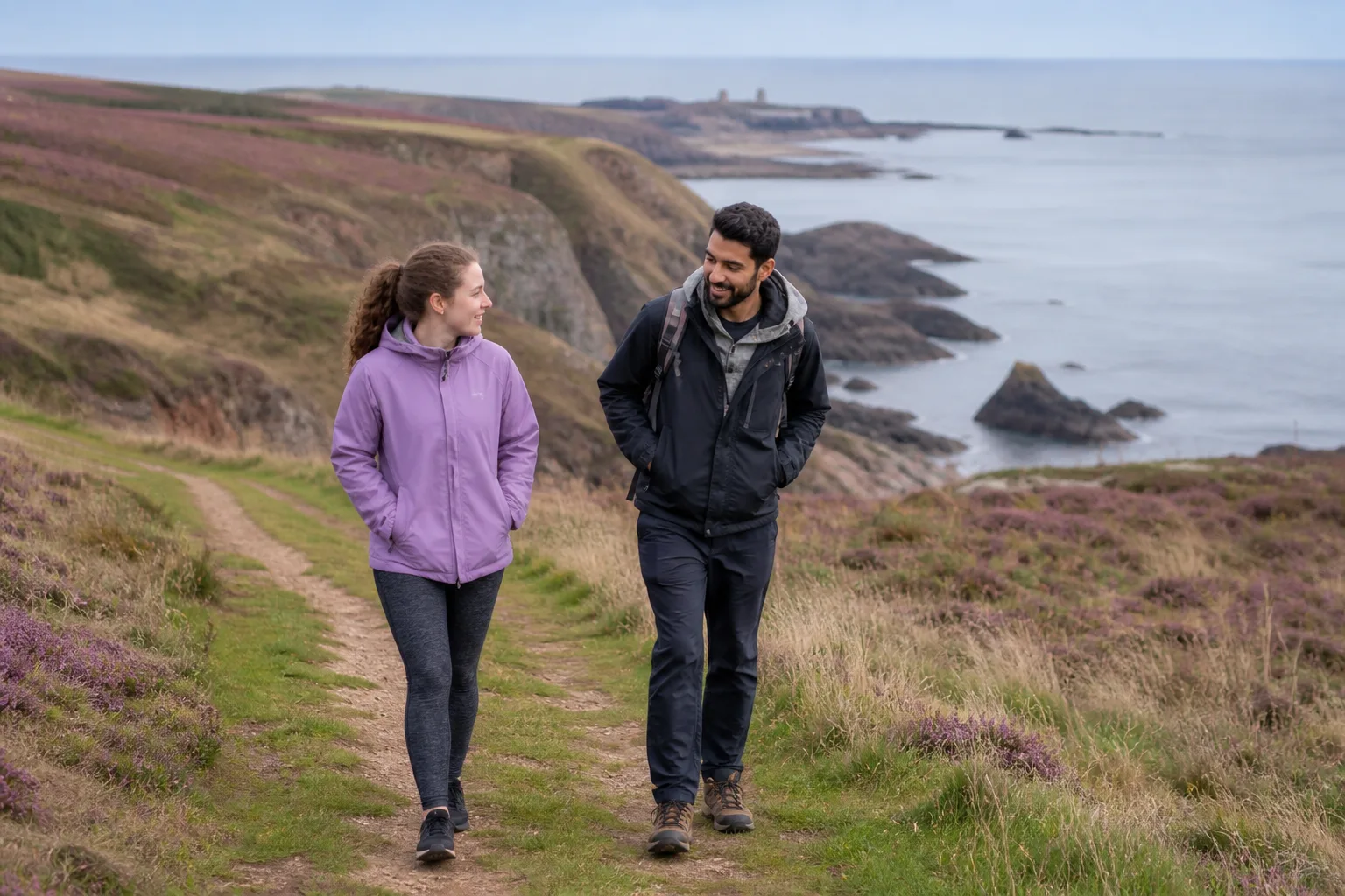 Couple walking beside the Aberdeenshire coast on a relaxed first date