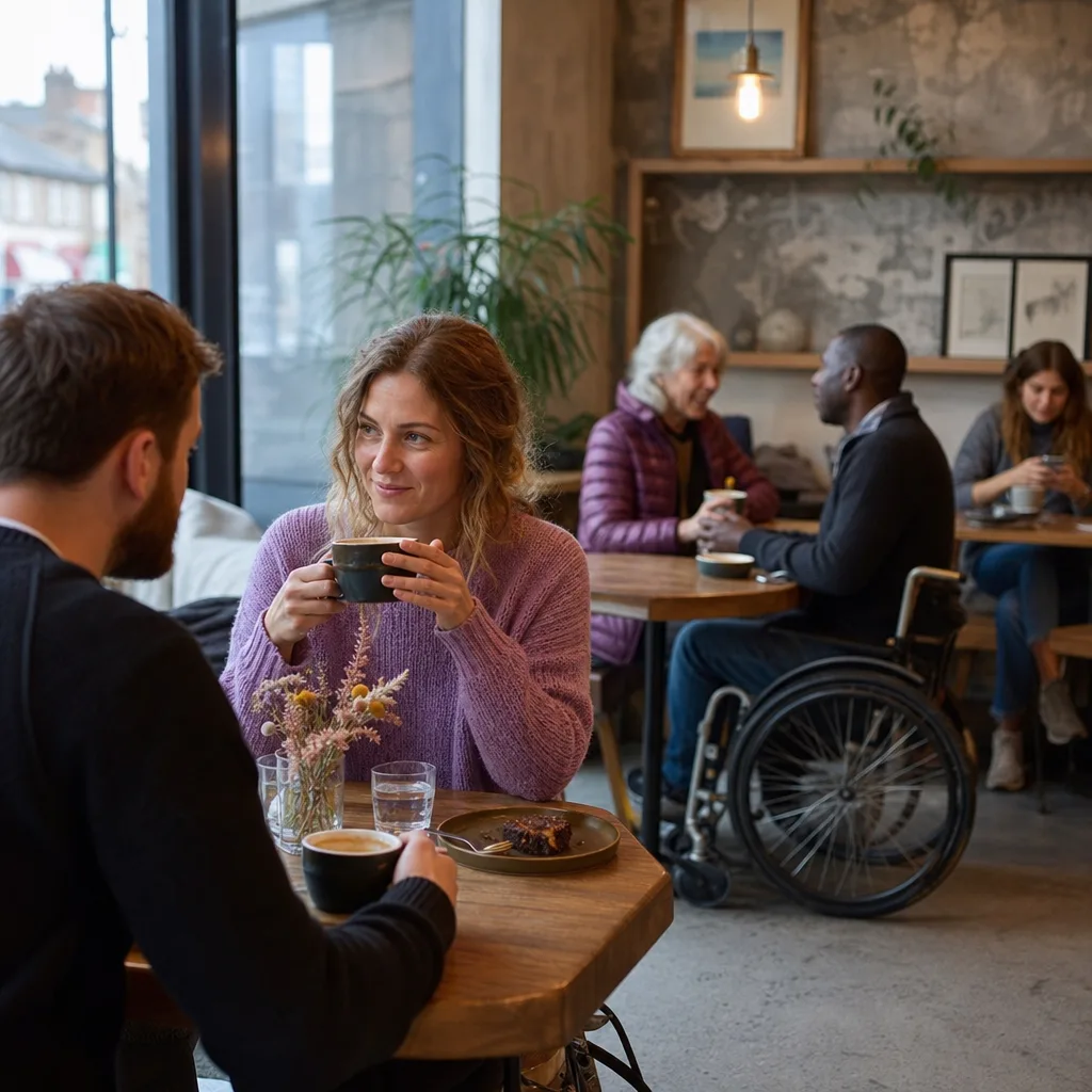 Two people meeting outside a café in Elgin town centre