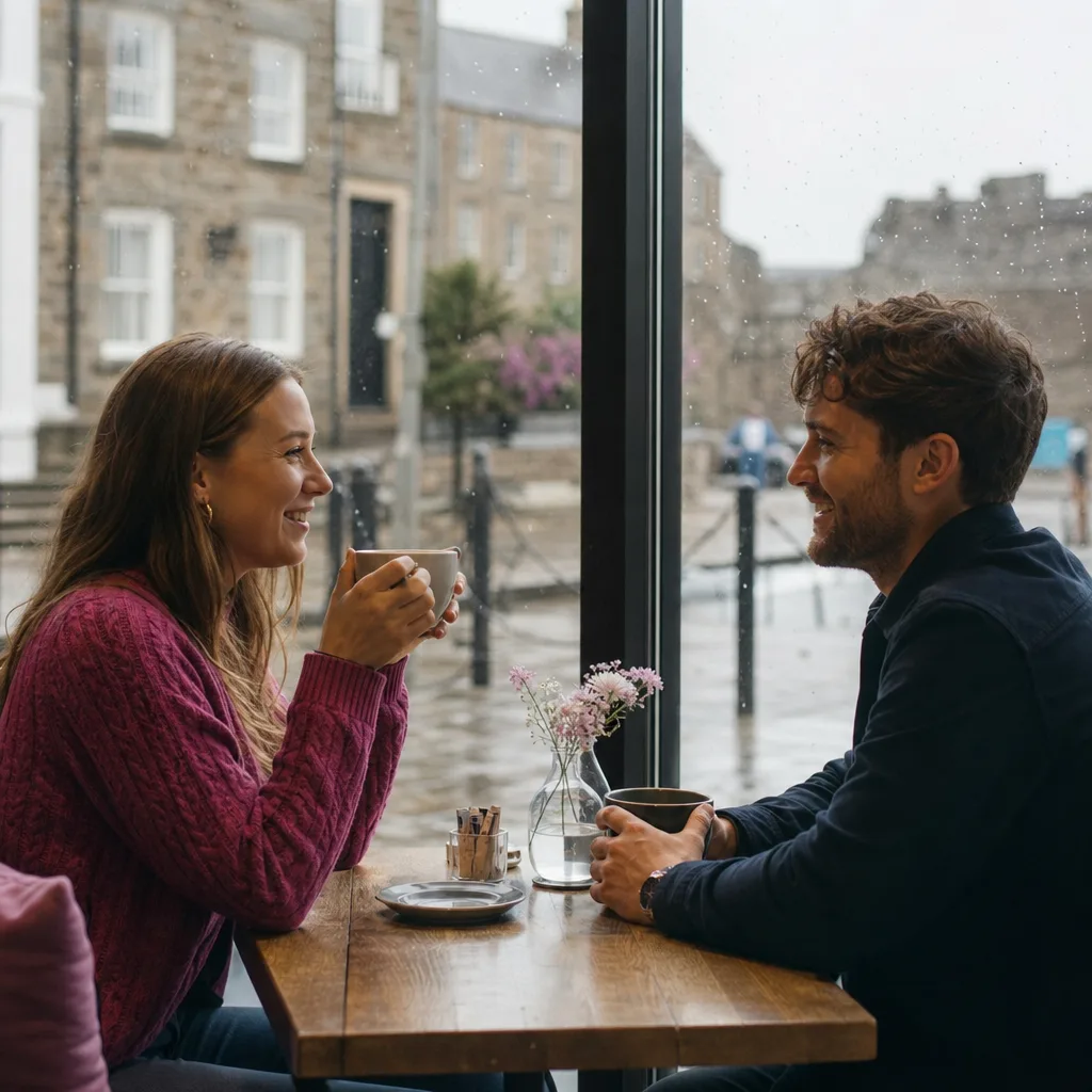 Two people talking over hot drinks in an Aberdeenshire café