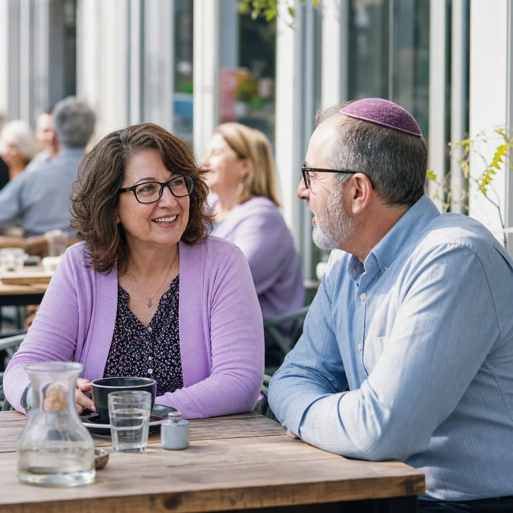 Older couple meeting in a busy café during the daytime